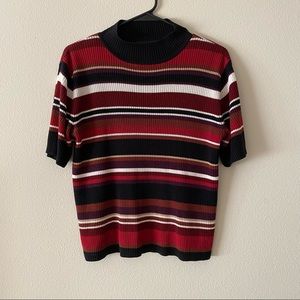 Sag Harbor striped mock neck ribbed short sleeve sweater